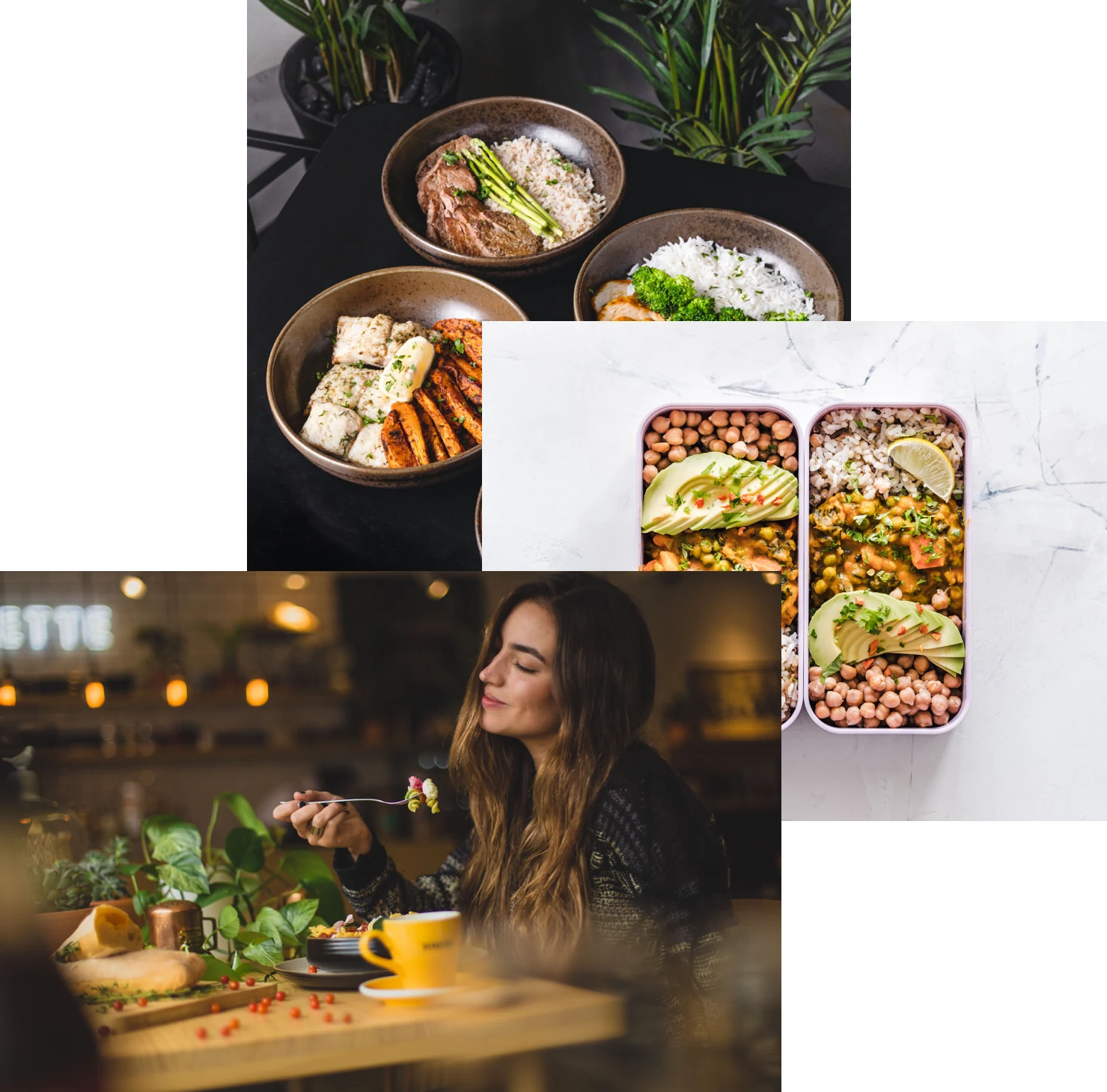 Women enjoyng food meals in storage container, and food blows on a table